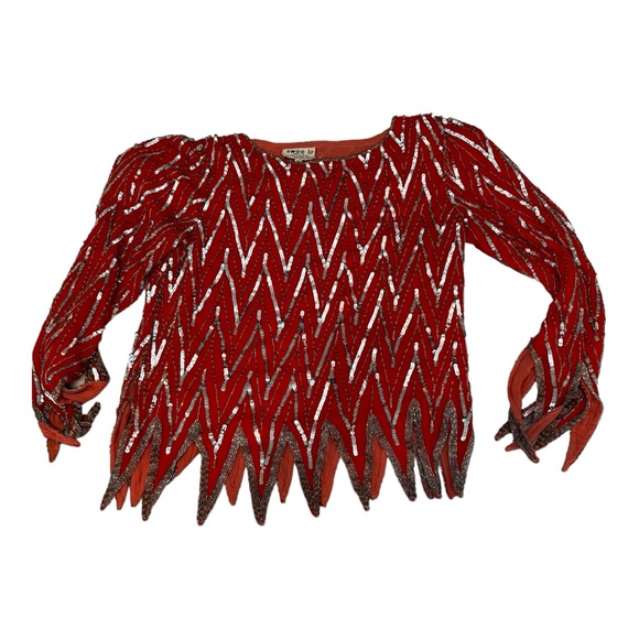 SWEE LO Silk VTG 80’s Red and Silver Sequined Beaded Blouse Top please Read - Picture 5 of 12